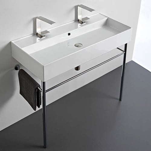 Large Double Ceramic Console Sink and Polished Chrome Stand, 40